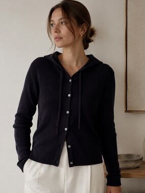 Theory Ribbed Hooded Cardigan Navy Cotton Blend Quiet Luxury Women L Minimalist